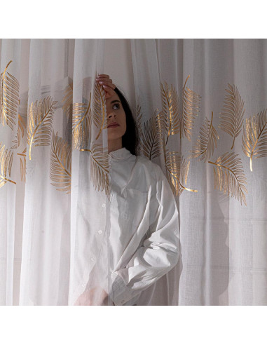 MARIETTA Firana gotowa na taśmie z ołowianką,  szerokość 140cm x wysokość 250cm, kolor 004 biały ze złotym zdobieniem 0