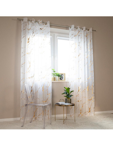 MARMA Firana gotowa na przelotkach z ołowianką, szerokość 140cm x wysokość 250cm, kolor 004 biały ze złotym zdobieniem 1