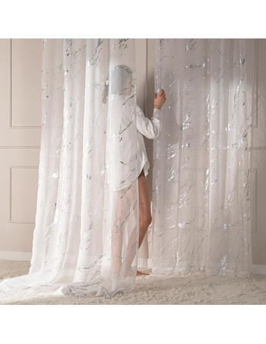 MARMA Firana gotowa na przelotkach z ołowianką, szerokość 140cm x wysokość 250cm, kolor 001 biały ze srebrnym zdobieniem 