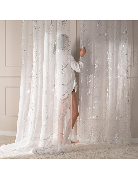 MARMA Firana gotowa na przelotkach z ołowianką, szerokość 140cm x wysokość 250cm, kolor 001 biały ze srebrnym zdobieniem 