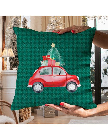 KRATA Z SAMOCHODEM, BAJKOWE ŚWIĘTA Poszewka dekoracyjna VELVET, 40x40cm, kolor 002 zielony PBN354