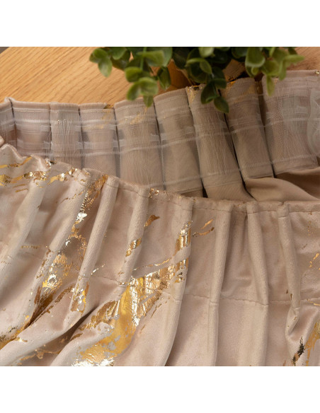 MARMA Zasłona gotowa na taśmie, szerokość 140cm x wysokość 250cm, kolor 001 ciemny beżowy ze złotym nadrukiem na VELVI T