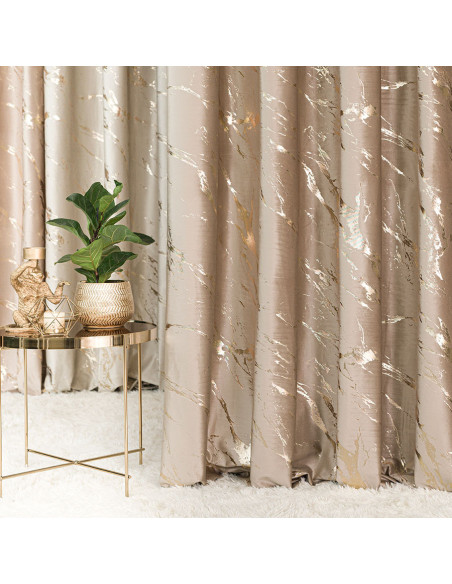 MARMA Zasłona gotowa na taśmie, szerokość 140cm x wysokość 250cm, kolor 001 ciemny beżowy ze złotym nadrukiem na VELVI T