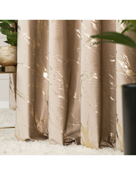 MARMA Zasłona gotowa na taśmie, szerokość 140cm x wysokość 250cm, kolor 001 ciemny beżowy ze złotym nadrukiem na VELVI T