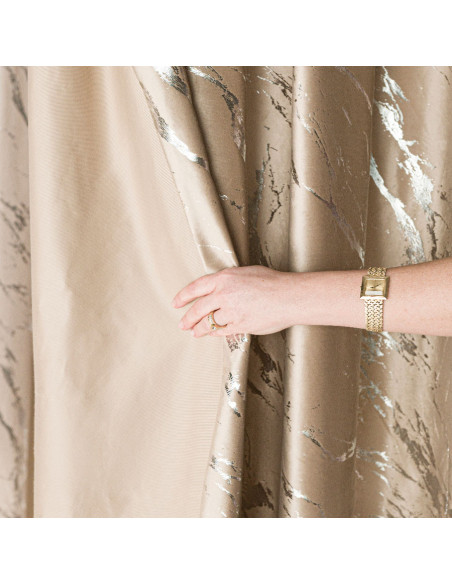 MARMA Zasłona gotowa na taśmie, szerokość 140cm x wysokość 250cm, kolor 001 ciemny beżowy ze srebrnym nadrukiem na VELVI 