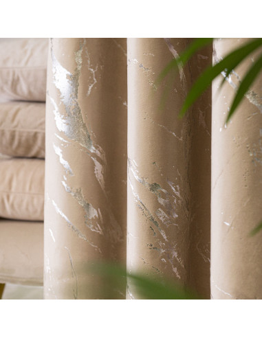 MARMA Zasłona gotowa na taśmie, szerokość 140cm x wysokość 250cm, kolor 001 ciemny beżowy ze srebrnym nadrukiem na VELVI 