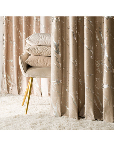 MARMA Zasłona gotowa na taśmie, szerokość 140cm x wysokość 250cm, kolor 001 ciemny beżowy ze srebrnym nadrukiem na VELVI 