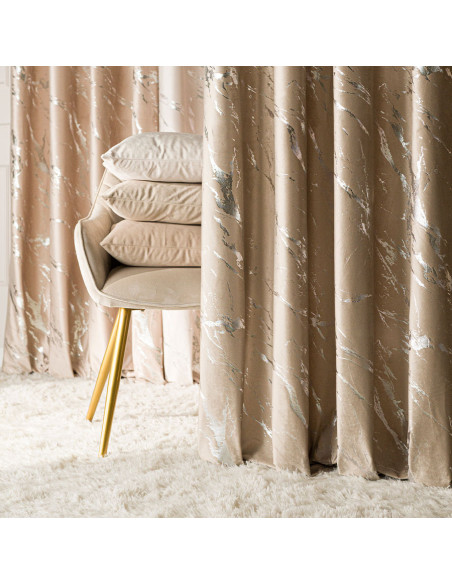 MARMA Zasłona gotowa na taśmie, szerokość 140cm x wysokość 250cm, kolor 001 ciemny beżowy ze srebrnym nadrukiem na VELVI 