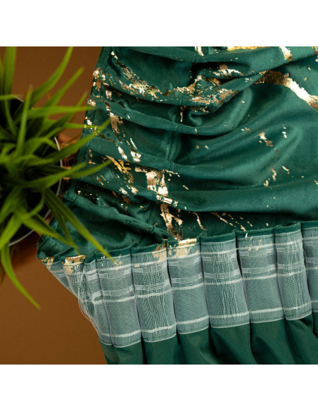 MARMA Zasłona gotowa na taśmie, szerokość 140cm x wysokość 250cm, kolor 010 ciemny zielony butelkowy ze złotym nadrukiem 