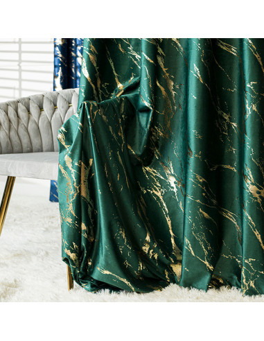 MARMA Zasłona gotowa na taśmie, szerokość 140cm x wysokość 250cm, kolor 010 ciemny zielony butelkowy ze złotym nadrukiem 