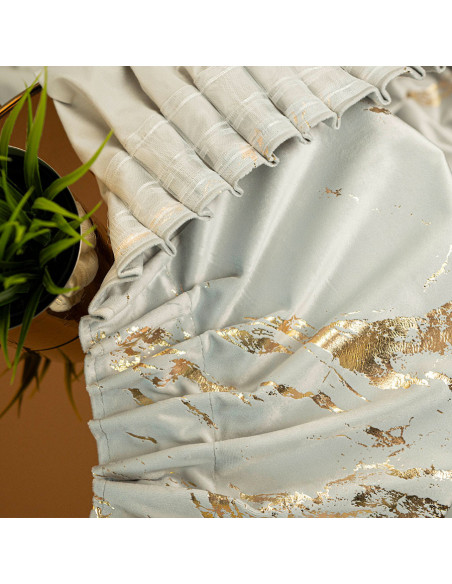 MARMA Zasłona gotowa na taśmie, szerokość 140cm x wysokość 250cm, kolor 021 pastelowy szary ze złotym nadrukiem na VELVI 