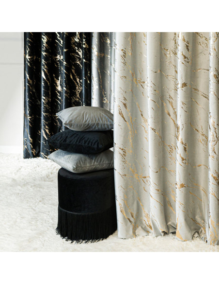 MARMA Zasłona gotowa na taśmie, szerokość 140cm x wysokość 250cm, kolor 021 pastelowy szary ze złotym nadrukiem na VELVI 