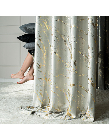 MARMA Zasłona gotowa na taśmie, szerokość 140cm x wysokość 250cm, kolor 021 pastelowy szary ze złotym nadrukiem na VELVI 