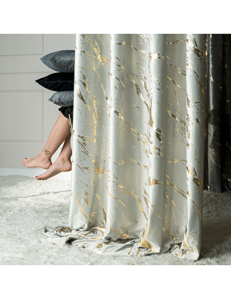 MARMA Zasłona gotowa na taśmie, szerokość 140cm x wysokość 250cm, kolor 021 pastelowy szary ze złotym nadrukiem na VELVI 