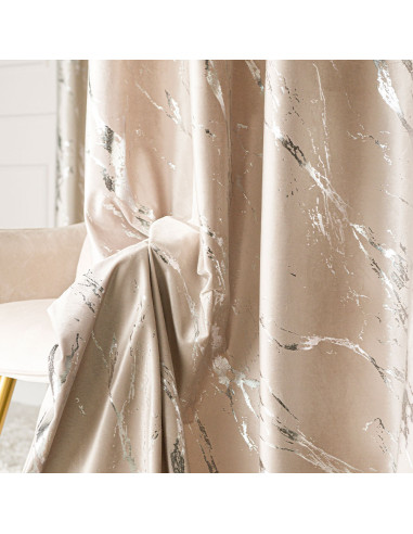 MARMA Zasłona gotowa na taśmie, szerokość 140cm x wysokość 250cm, kolor 015 ciemny kremowy ze srebrnym nadrukiem na VELVI 