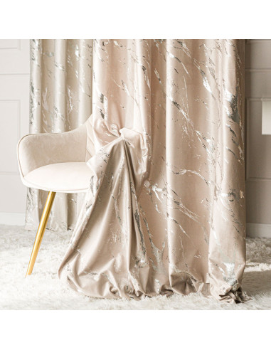 MARMA Zasłona gotowa na taśmie, szerokość 140cm x wysokość 250cm, kolor 015 ciemny kremowy ze srebrnym nadrukiem na VELVI 