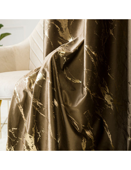 MARMA Zasłona gotowa na przelotkach, szerokość 140cm x wysokość 250cm, kolor 002 brązowy ze złotym nadrukiem na VELVI TD0