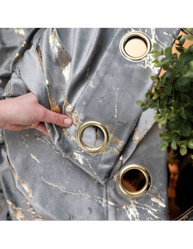 MARMA Zasłona gotowa na przelotkach, szerokość 140cm x wysokość 250cm, kolor 005 jasny szary ze złotym nadrukiem na VELVI 