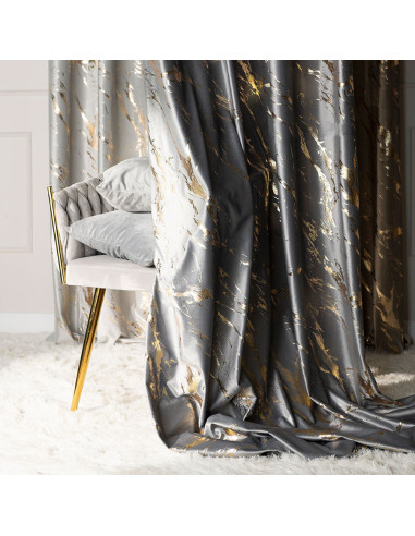 MARMA Zasłona gotowa na taśmie, szerokość 140cm x wysokość 250cm, kolor 005 jasny szary ze złotym nadrukiem na VELVI TD00