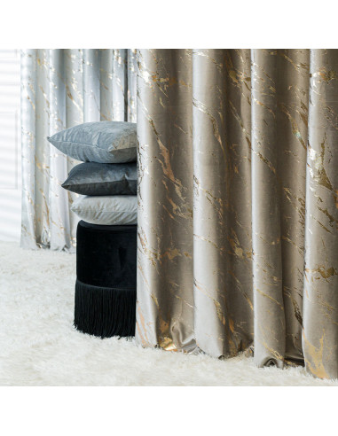 MARMA Zasłona gotowa na przelotkach, szerokość 140cm x wysokość 250cm, kolor 017 szarobeżowy ze złotym nadrukiem na VELVI