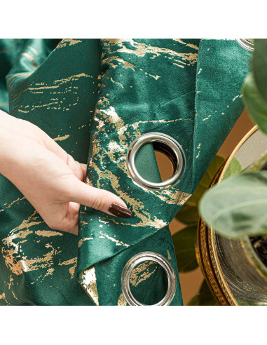 MARMA Zasłona gotowa na przelotkach, szerokość 140cm x wysokość 250cm, kolor 010 ciemny zielony butelkowy ze złotym nadruk