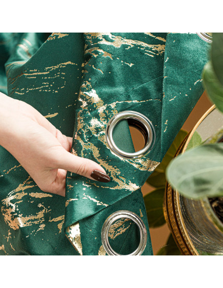 MARMA Zasłona gotowa na przelotkach, szerokość 140cm x wysokość 250cm, kolor 010 ciemny zielony butelkowy ze złotym nadruk