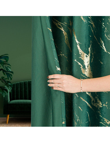 MARMA Zasłona gotowa na przelotkach, szerokość 140cm x wysokość 250cm, kolor 010 ciemny zielony butelkowy ze złotym nadruk