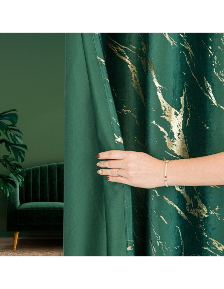 MARMA Zasłona gotowa na przelotkach, szerokość 140cm x wysokość 250cm, kolor 010 ciemny zielony butelkowy ze złotym nadruk