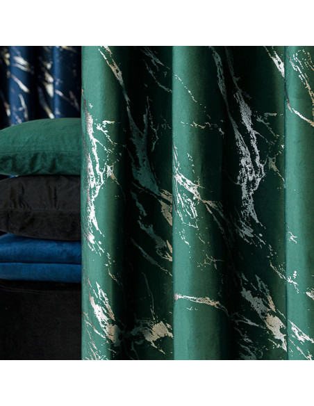 MARMA Zasłona gotowa na taśmie, szerokość 140cm x wysokość 250cm, kolor 010 ciemny zielony butelkowy ze srebrnym nadrukiem