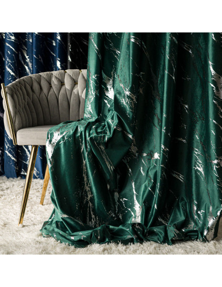 MARMA Zasłona gotowa na taśmie, szerokość 140cm x wysokość 250cm, kolor 010 ciemny zielony butelkowy ze srebrnym nadrukiem