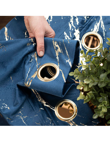 MARMA Zasłona gotowa na przelotkach, szerokość 140cm x wysokość 250cm, kolor 011 granatowy ze złotym nadrukiem na VELVI TD