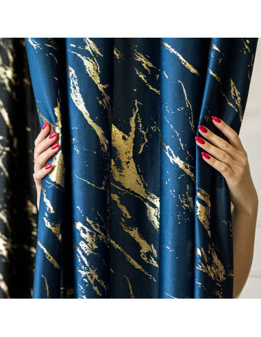 MARMA Zasłona gotowa na przelotkach, szerokość 140cm x wysokość 250cm, kolor 011 granatowy ze złotym nadrukiem na VELVI TD