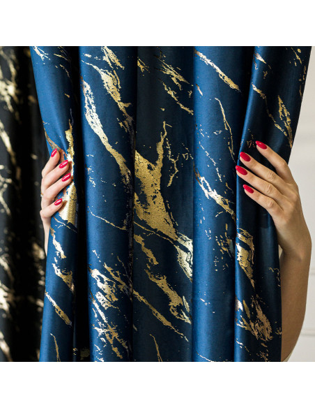 MARMA Zasłona gotowa na przelotkach, szerokość 140cm x wysokość 250cm, kolor 011 granatowy ze złotym nadrukiem na VELVI TD