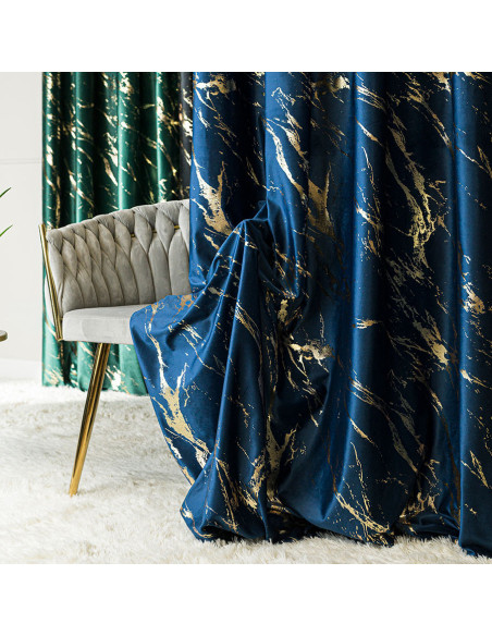 MARMA Zasłona gotowa na przelotkach, szerokość 140cm x wysokość 250cm, kolor 011 granatowy ze złotym nadrukiem na VELVI TD