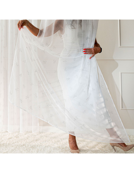 RIBBON Firana gotowa na woalu w diamentowe kokardki, na taśmie z ołowianką, szerokość 140 x wysokość 250cm, kolor 001 bia