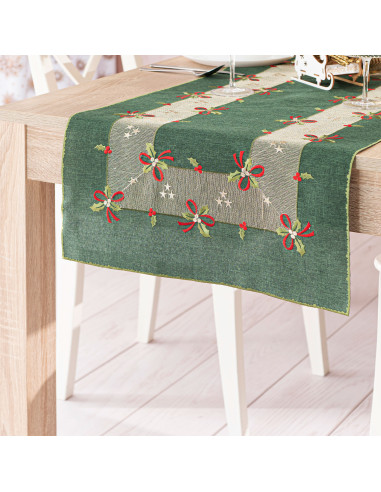 ŚWIĄTECZNE KOKARDKI Bieżnik z haftem, szerokość 50cm x wysokość 100cm, kolor 002 zielony 295161