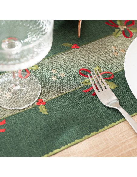 ŚWIĄTECZNE KOKARDKI Bieżnik z haftem, szerokość 50cm x wysokość 100cm, kolor 002 zielony 295161