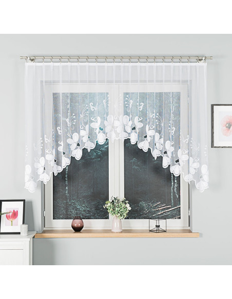TEODORA · firanka gotowa z podcięciem · biała · motyw kwiatów · 300x120