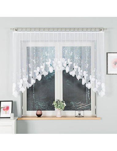 TEODORA · firanka gotowa z podcięciem · biała · motyw kwiatów · 300x120