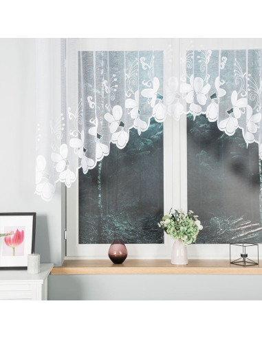 TEODORA · firanka gotowa z podcięciem · biała · motyw kwiatów · 300x120