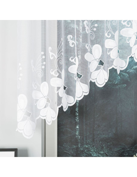 TEODORA · firanka gotowa z podcięciem · biała · motyw kwiatów · 300x120