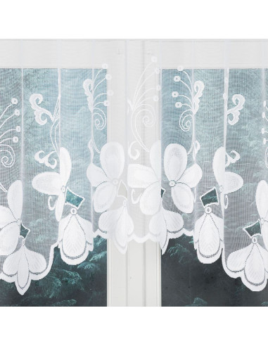 TEODORA · firanka gotowa z podcięciem · biała · motyw kwiatów · 300x120