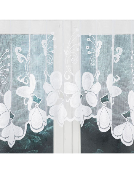 TEODORA · firanka gotowa z podcięciem · biała · motyw kwiatów · 300x120
