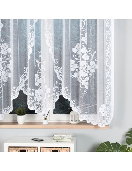 FUKSJA · firanka gotowa z podcięciem · biała · kwiaty i ornamenty · 320x160 cm