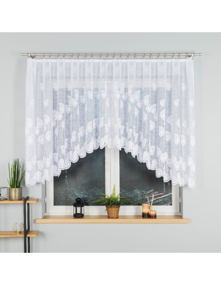 NORA · firanka gotowa z podcięciem · biała · liście · 300x130
